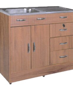 Kitchen sink unit with wooden cabinet and tap